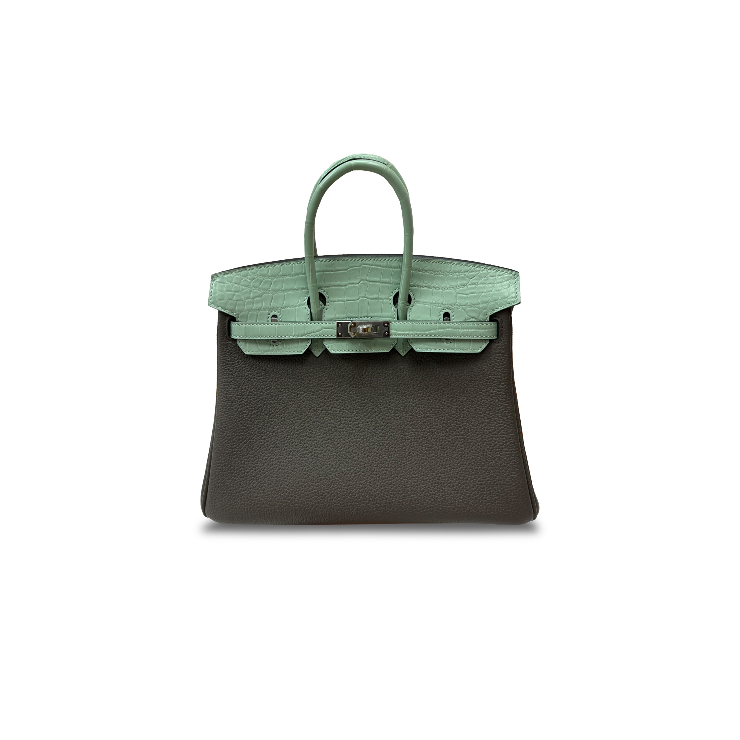 HERMÈS MASTER BIRKIN 25 CROCODILE AND TOGO LEATHER AVOCADO GREEN AND PEWTER GREY SILVER BUCKLE H076216CKBL (25*20*13cm)